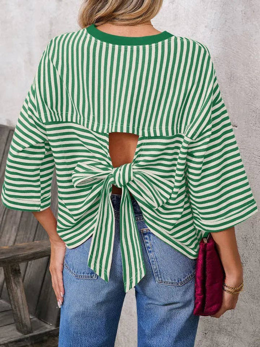 Blue or Green Stripe Bowknot Cutout Back Drop Shoulder Wide Bracelet Sleeve Loose Tee