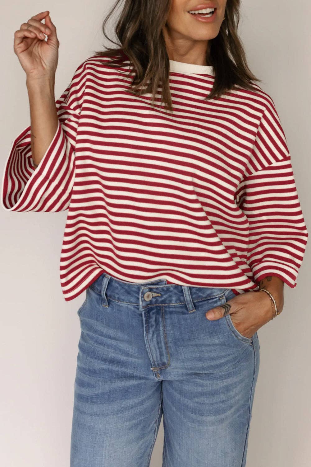 Blue or Green Stripe Bowknot Cutout Back Drop Shoulder Wide Bracelet Sleeve Loose Tee