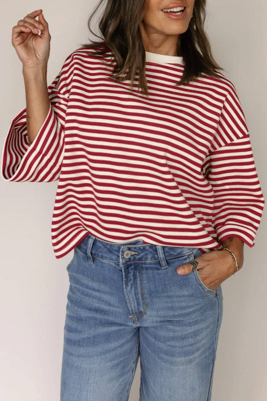 Blue or Green Stripe Bowknot Cutout Back Drop Shoulder Wide Bracelet Sleeve Loose Tee