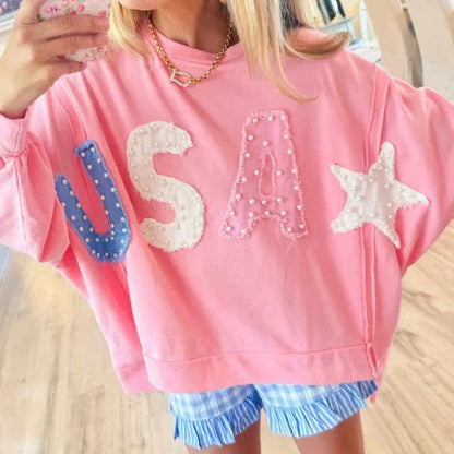 Women's USA Pearl Letter Patch Pink Oversized Sweatshirt Casual Long Sleeve Pullover