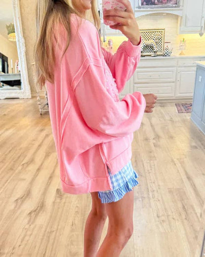Women's USA Pearl Letter Patch Pink Oversized Sweatshirt Casual Long Sleeve Pullover
