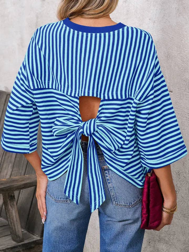 Blue or Green Stripe Bowknot Cutout Back Drop Shoulder Wide Bracelet Sleeve Loose Tee