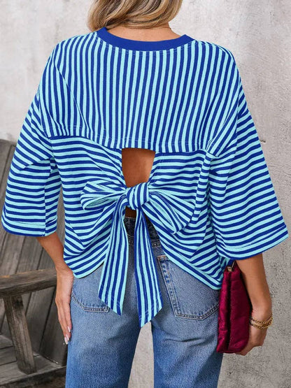 Blue or Green Stripe Bowknot Cutout Back Drop Shoulder Wide Bracelet Sleeve Loose Tee