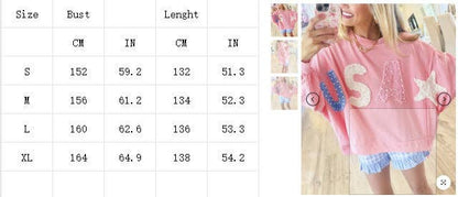 Women's USA Pearl Letter Patch Pink Oversized Sweatshirt Casual Long Sleeve Pullover