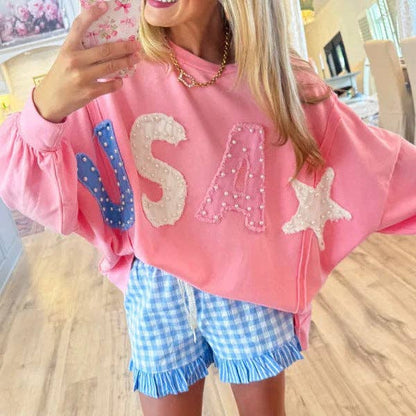 Women's USA Pearl Letter Patch Pink Oversized Sweatshirt Casual Long Sleeve Pullover